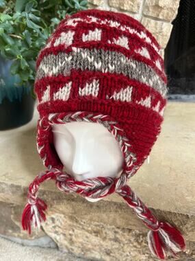 Everest Designs Sherpa EarFlap Red Beanie with Chin Ties Made in Nepal